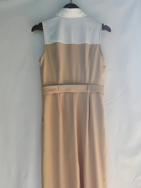 Elegant Khaki & White Contrast Jumpsuit with Lapel Collar and Wide Legs - Chic Adult Women'S Dress for Spring/Summer/Fall, Polyester Blend, Machine Washabl - Image 3