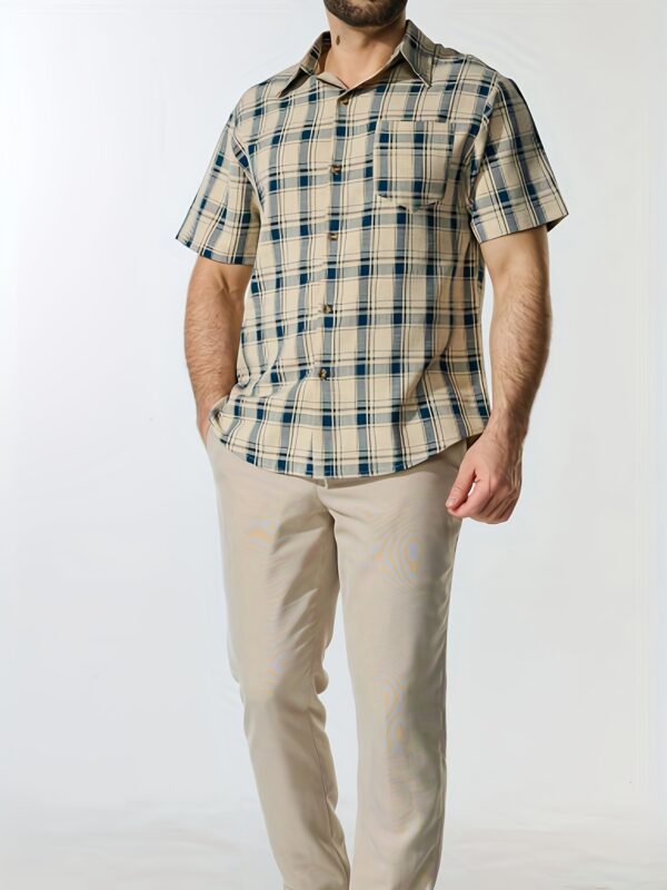 Men's Stylish Black & White Plaid Button-Up Shirt with Chest Pocket - Short Sleeve, Classic Collar, Casual Summer Wear, Polyester Fabric, Mature Design - Image 6