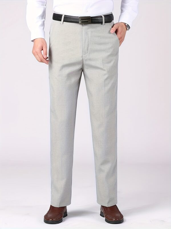 Men'S Light Gray Casual Pants with Black Belt - Straight-Leg, Zipper Fly, Regular Fit, Non-Stretch Fabric, Perfect for Spring & Summer Outings, Spring Summer Pants | Belted Waistband | Polyester Blend - Image 3
