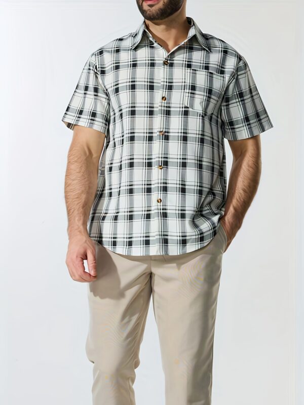 Men's Stylish Black & White Plaid Button-Up Shirt with Chest Pocket - Short Sleeve, Classic Collar, Casual Summer Wear, Polyester Fabric, Mature Design - Image 5