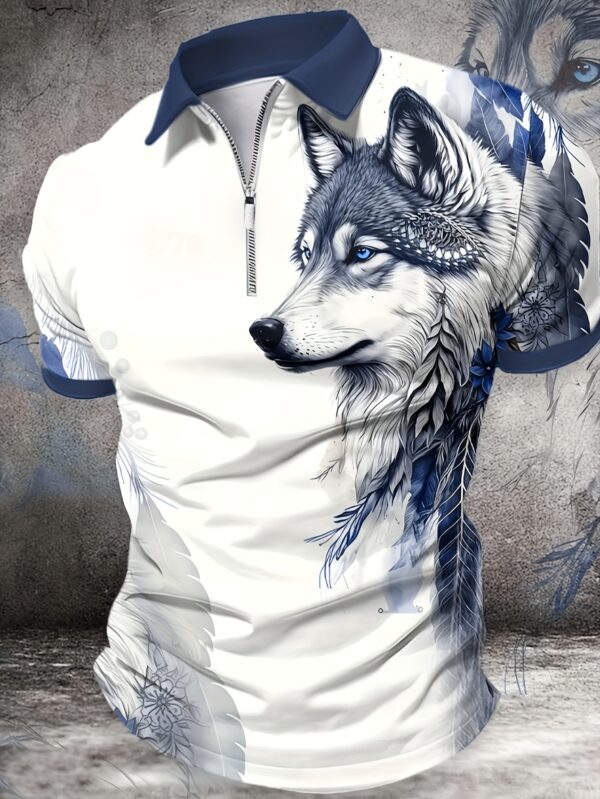 Men's 3D Wolf Print Shirt - Stylish White & Blue, Breathable Polyester, Short-Sleeved with Slightly Elastic Lapel - Ideal for Work or Streetwear, Summer Wear