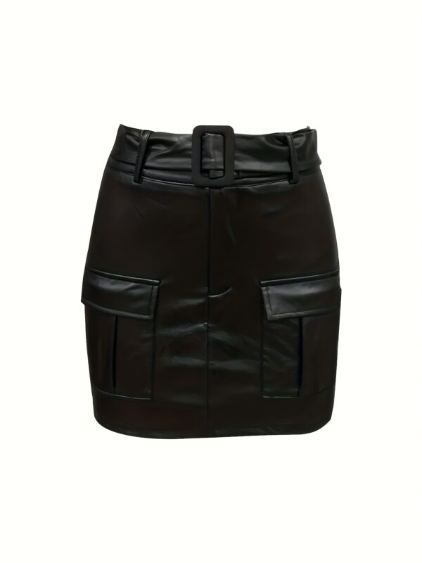 Elegant Solid Color Belted Mini Skirt with Pockets for Women - Stretchy Polyester Blend, Machine Washable - Image 4
