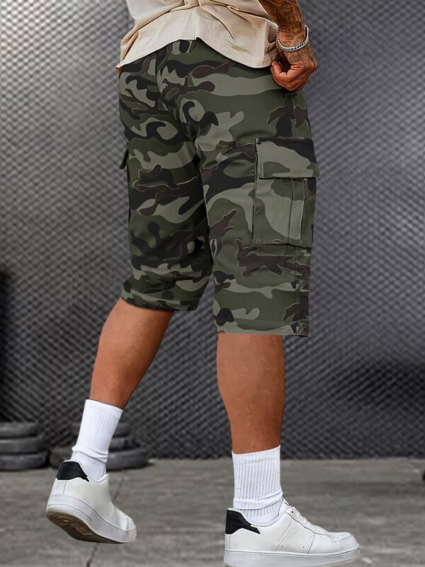 A Pair of Mid to Long Casual Pants with a Camouflage Pattern, Featuring Large Pockets And Patched Pockets with Tags. The Waist Has a Drawstring Design. - Image 10