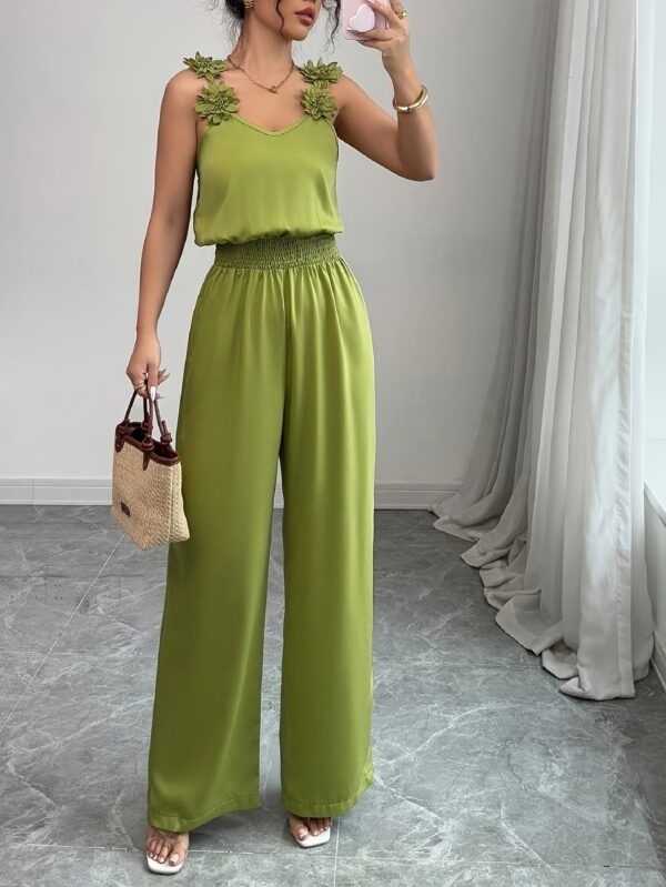 Women'S Solid Color Sleeveless Jumpsuit with Ruched Waist and Floral Embellishments - Wide Leg, V-Neck, Perfect for Summer and Holiday, Holiday Jumpsuit | Floral Embellishments | Ruched Waist Design, Jumpsuit - Image 9