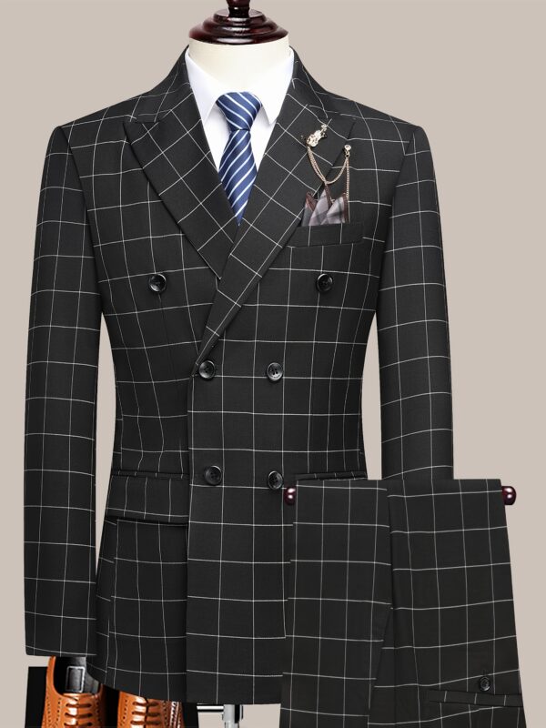 Latest Men's Suit: Checkered Double-Breasted Slim Fit Business Casual Two-Piece Set with Notch Lapel, Striped Design, Four-Button Style, Necklace Decoration for Spring/Autumn/Winter - Image 3