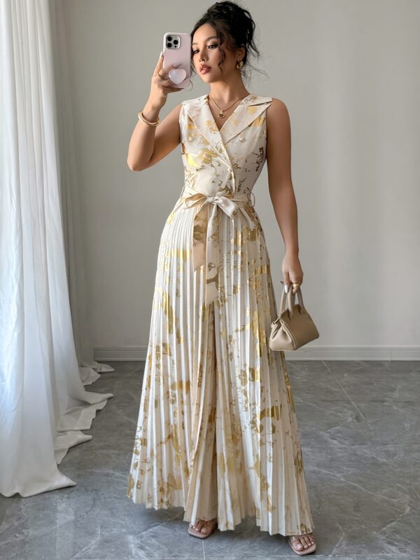 Elegant Sleeveless Geometric Print Jumpsuit with Waist Tie - Long, Button-Up Dress for Women, Perfect for All Seasons, Stylish Adult Fashion, Elegant Attire | Geometric Print Jumpsuit | Waist Tie Detail