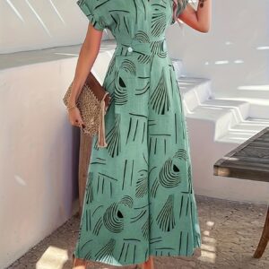 2025 Summer Women's High-Waisted Jumpsuit - V-Neck Short Sleeve Geometric Print Wide-Leg Romper with Button Front, Mint Green & White Casual Elegance for Outdoor Events, Ladies Jumpsuit