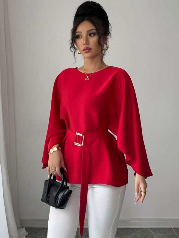 Women's French Style Batwing Sleeve Blouse with Adjustable Waist Tie - Shiny Red Round Neck Loose Fit Top, Machine Washable Elegant Shirt for Spring/Summer Casual & Formal Wear, Summer Fashion, Frenchinspired Design, Nontransparent Fabric
