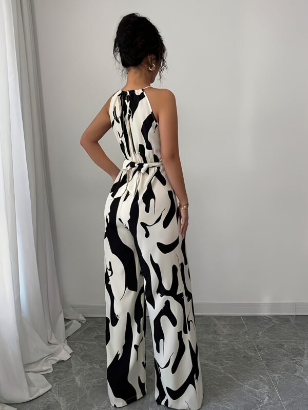 Women'S Elegant Halter Neck Jumpsuit with Tie Waist & Wide-Leg Print - Brown & Black Geometric Pattern, Sleeveless Ruched Design for Vacation & Casual Wear, Vacation Outfit, Stylish Backless, Comfortable Fit - Image 8