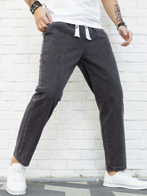 Washed Denim Trousers for Men, Spring and Autumn Trendy Brand, Loose Straight Fit with Elastic Waist and Drawstring, Versatile and Fashionable, Japanese Style, Casual Nine-Fifth Trousers for Spring, Gengyuanshi