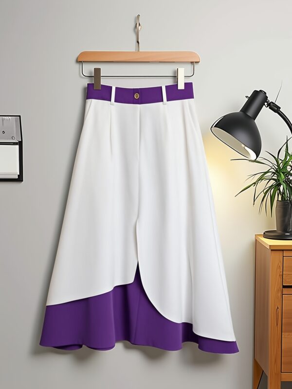 Elegant Purple and White Checkered High-Waist Skirt for Women - Long, Flared Design with Belt Loops, All-Season Fashion, A-Line Fit, Stylish Office Attire|Classy Skirt|Flared Hemline, Plus Size Skirt - Image 6