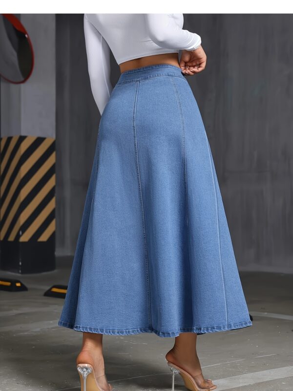 4038 Women's Elegant Stretch Denim Skirt - Wide Swing Summer Length with Button Detail, Machine Washable Regular Fit Solid Color for Casual & Formal Wear, Everyday Fashion, Comfortable Fashion - Image 5