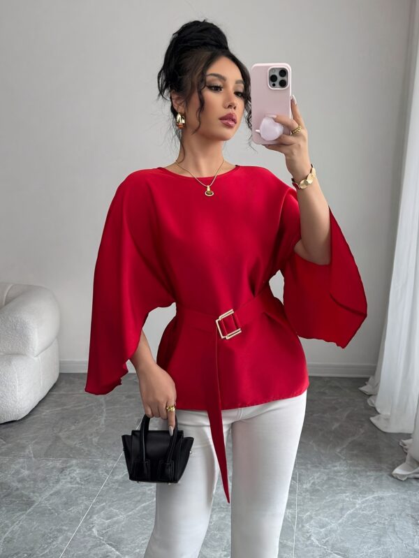 Women's French Style Batwing Sleeve Blouse with Adjustable Waist Tie - Shiny Red Round Neck Loose Fit Top, Machine Washable Elegant Shirt for Spring/Summer Casual & Formal Wear, Summer Fashion, Frenchinspired Design, Nontransparent Fabric - Image 3