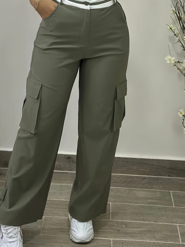 Women'S Loose Fit Casual Cargo Pants with Contrast Color Waist, Button and Zipper Closure, Side Pockets, Wide Leg Design, All-Season Wear, Straight Leg Trousers - Image 5