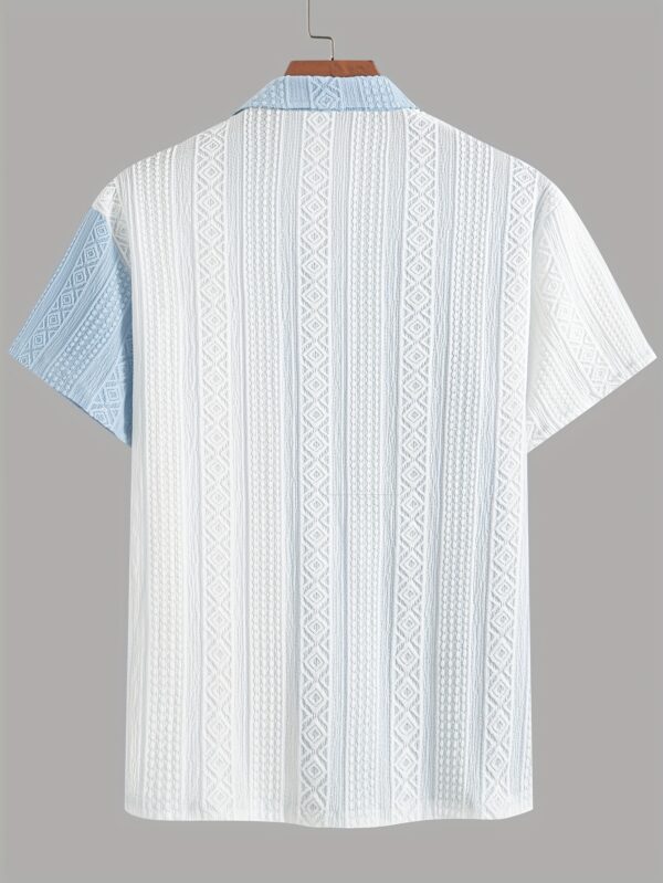 Men'S Casual Summer Short Sleeve Button-Up Shirt - Light Blue & White Striped Design, Collar, Lightweight & Breathable Fabric, Perfect for Casual Attire, Short Sleeve Blouses - Image 4