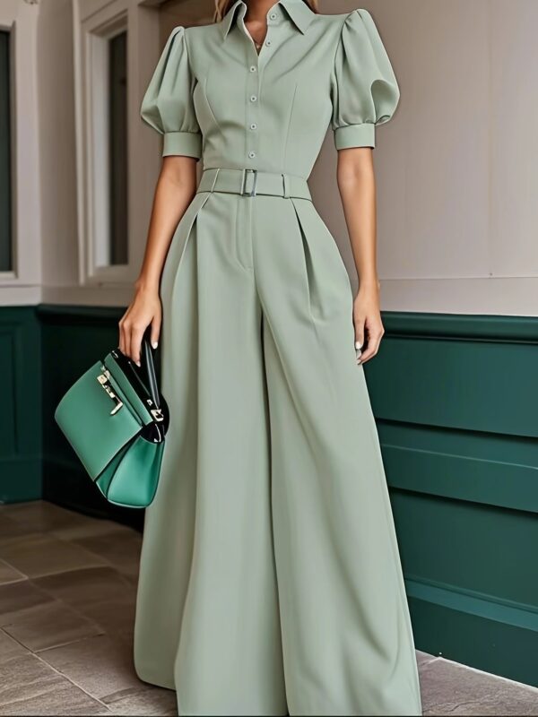 Women's Mint Green Collar Loose-Fit Jumpsuit - Summer Solid Color Machine-Washable Jumpsuit for Casual & Professional Outfits, Professional Attire | Wideleg Outfit | Nonstretch Fabric, Ladies Jumpsuits