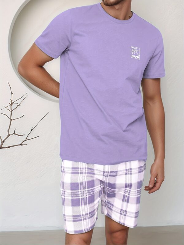 Spring, Summer, and Autumn Men's Fashion Casual Pajama Set with Plaid Print Pants, Polyester Blend, Comfortable Short Sleeve and Shorts Two-Piece Set - Image 3