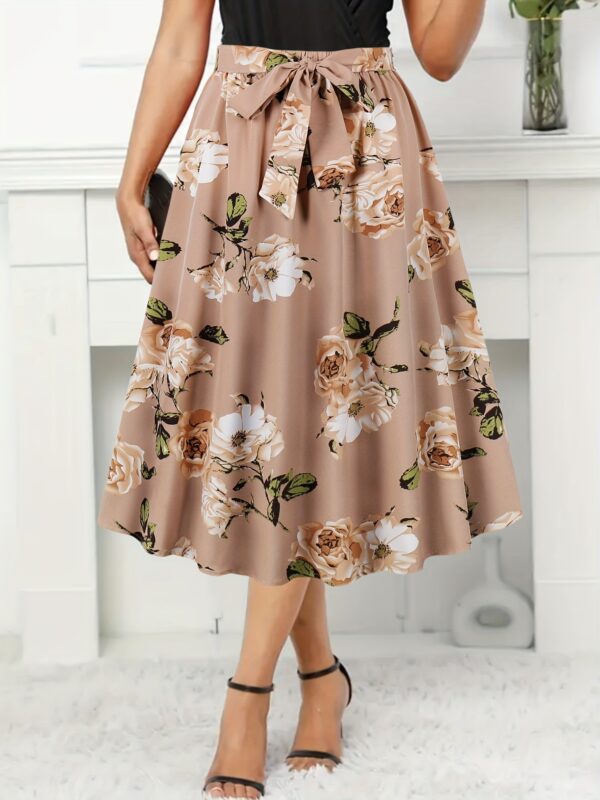 Elegant Floral Print Midi Skirt with Belt - High Waist, Non-Stretch Polyester, Machine Washable - Perfect for Spring/Summer Fashion