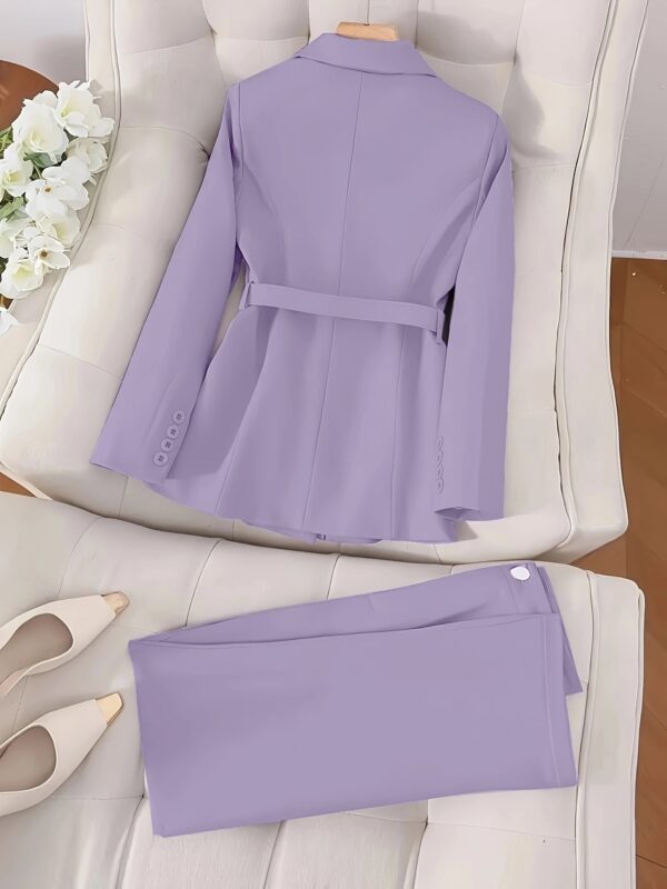 Elegant Solid Color Urban Commuting Suit for Women with Belt and Pants, Perfect for Spring/Summer, Includes Shoes and Clutch, Office Ready Attire|Sophisticated Style|Pocketed Pants - Image 8
