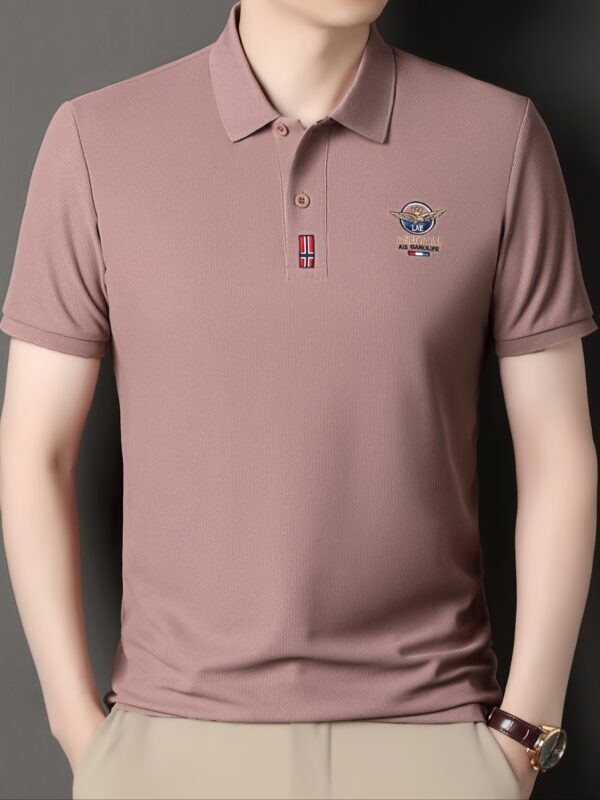 Men'S Casual Summer Short Sleeve Polo Shirt with Embroidered "LAE FSHONAI" Logo, Red & White Striped Patch, Lightweight & Breathable for Everyday Wear, Casual Attire|Embroidered Logo Shirt|Slight Stretch Fabric - Image 9
