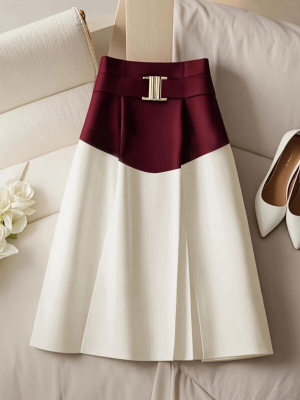 Elegant Color-Block Skirt with Belt - High-Waisted, Flowing Design, Polyester Blend, Perfect for All Seasons - Chic Suit Skirt for Women, Office or Casual Wear - Image 2