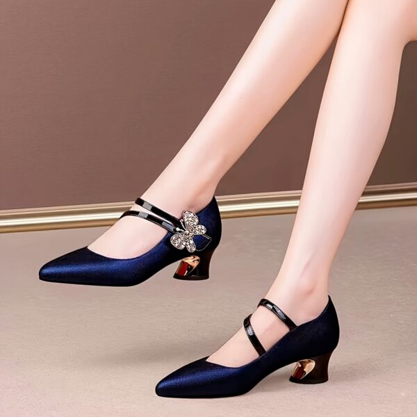Women's Rhinestone Bow Buckle Strap Pointed-Toe Pumps - Golden-Plated Mid Block Heel, Lightweight Synthetic Cover & PVC Sole, All-Season Elegant Dress Shoes for Casual & Formal Events, Strappy Heels, Formal Footwear, Durable PVC Sole - Image 3