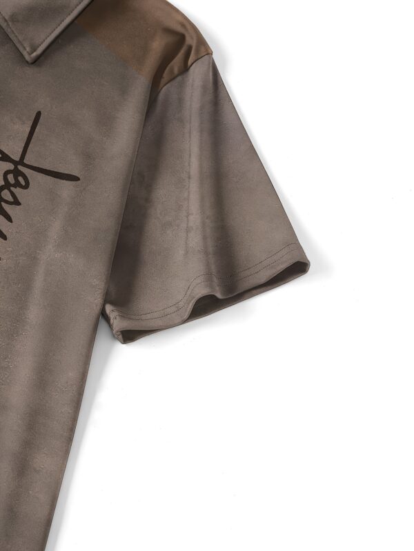Men'S Casual Summer Short Sleeve Polo Shirt with Brown Shoulder Patchwork & Cross Print - Lightweight Breathable Fabric, Regular Fit, Button-Up Collar for Casual Attire, Stylish Casualwear, Sleek Buttoned Cuffs - Image 5