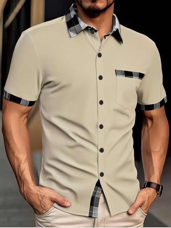 Men's Summer Casual Shirt - Plaid Design Short Sleeve Button-Up with Chest Pocket, Breathable Regular Fit for Streetwear & Couple Dating, Machine Washable, Shirts for Summer - Image 2