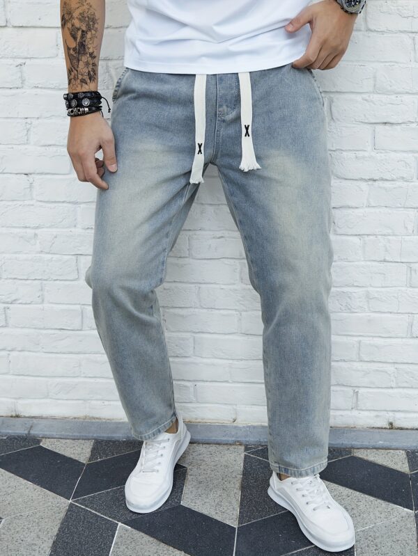 Washed Denim Trousers for Men, Spring and Autumn Trendy Brand, Loose Straight Fit with Elastic Waist and Drawstring, Versatile and Fashionable, Japanese Style, Casual Nine-Fifth Trousers for Spring, Gengyuanshi - Image 6