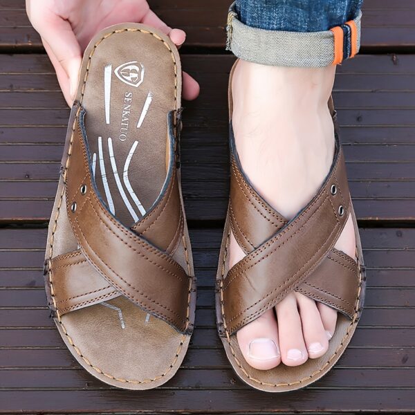 Plus Size Men's Open Toe Breathable Cross Straps Slippers, Comfy Non Slip Rubber Sole Top Grain Leather Upper Beach Water Shoes, Summer - Image 2