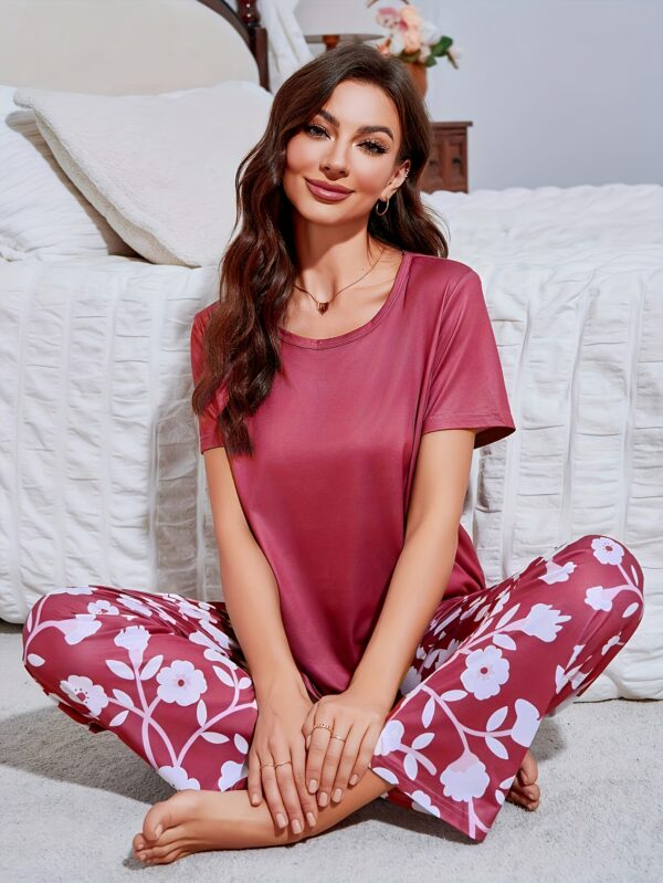 Women'S Short Sleeve Long Pants Pajama Set_Elegant Floral Print Trendy Hot Item All-Season Soft Comfortable Knit Fabric - Image 4