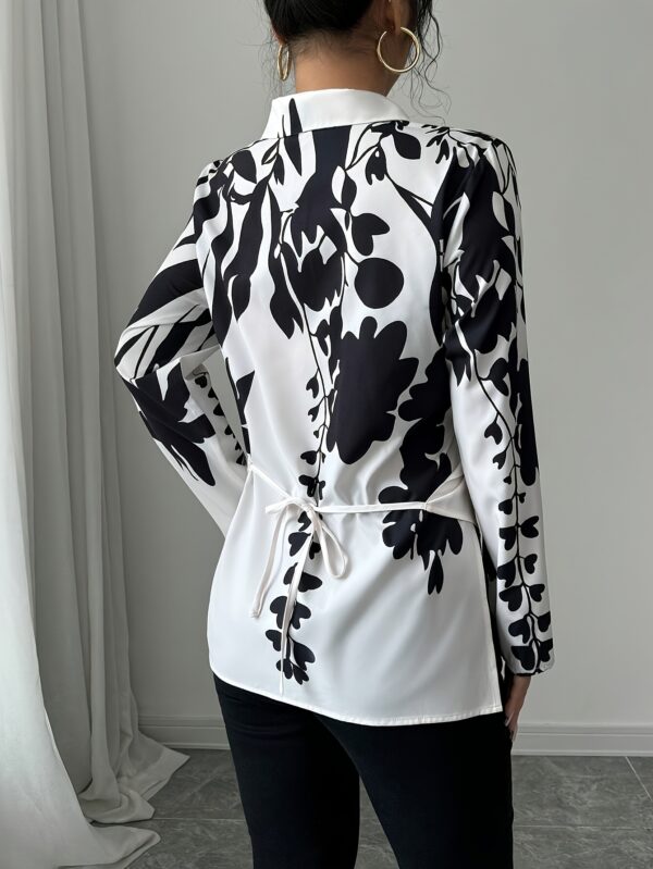 Women'S Elegant Floral Print Long Sleeve Blouse with Ruched Waist - Black and White, Lace-Up Detail, Perfect for Spring/Summer/Fall, Stylish Office Attire|Floral Print Top|Laceup Detail, Ladies Blouses - Image 2