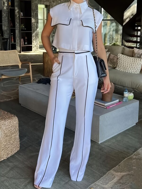 Elegant Women'S Sleeveless White Pantsuit with Contrast Details - Polyester, Spring/Summer Fashion, Half Placket Top, Wide Leg Pants, Stylish Office Attire, Office Attire | Modern Casualwear | Polyester Fabric
