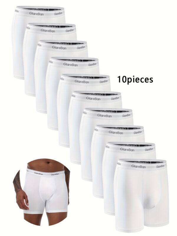 10pcs Men'S Mid-Long White Boxer Briefs - Comfortable Polyester Underwear for Casual Wear, Smooth Texture, Elastic Waistband with Logo, Briefs Pantie