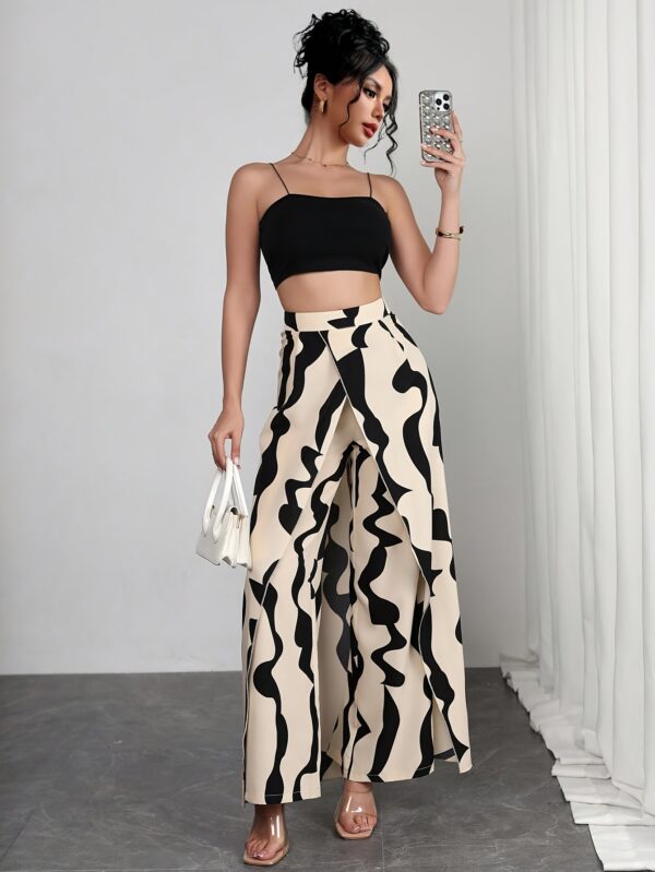 Women's Wide-Leg Pants with Asymmetrical Geometric Print - Black & White Abstract Design, Machine Washable, Spring Summer Fall Elegant Trousers for Casual & Formal Wear - Image 16