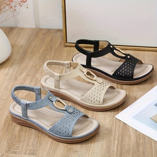 Women's Summer Wedge Heel Comfort Sandals - Metal Buckle, Perforated, Elastic Ankle Strap, Breathable, Daily Commute & Walking