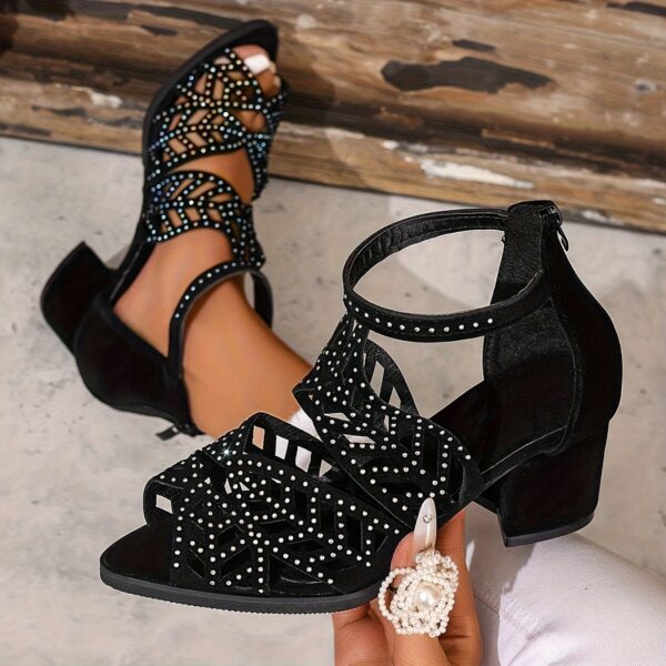 Women's Comfortable Mid-Heel Sandals - Versatile Open-Toe Design with Back Zipper, Chunky Heel & Cut-Out Patterns, Perfect for Hot Summer Days, Black & Beige Options, Durable Rubber Sole, Strappy Sandals - Image 2