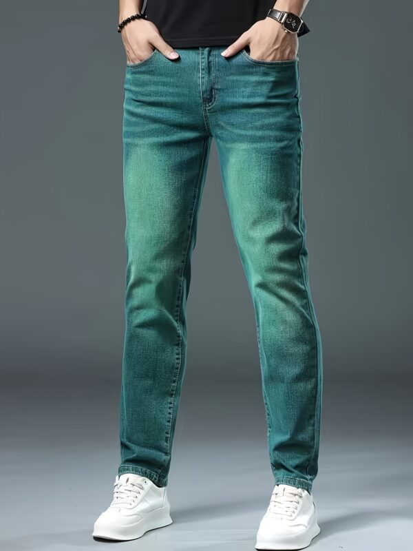 Men's Slim-Fit Stretch Denim Jeans - Versatile Green, All-Season Wear, Machine Washable, Basic Style, Cultivate The Body Version, Four Seasons - Image 6
