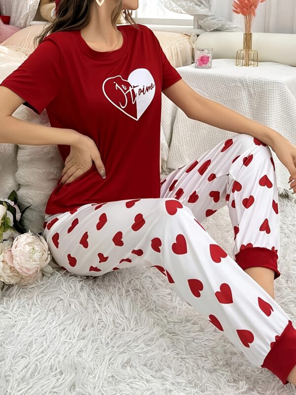 Women'S Valentine'S Day Elegant Heart Print Pajama Set, Short Sleeve Crew Neck Top and Long Heart Pattern Pants, Polyester Knit Fabric, 145gsm, Spring/Summer/Fall Casual Sleepwear - Image 5