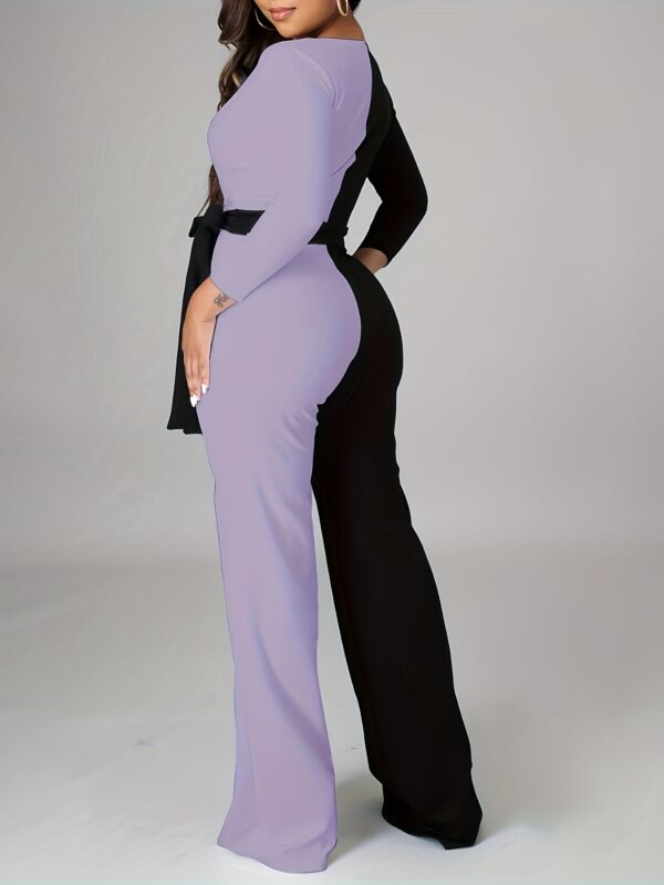 Women's Elegant Long Sleeve V-Neck Color-Block Jumpsuit - Adjustable Tie Waist Wide-Leg Romper, Black to Yellow Ombre, Machine Washable All-Season Vacation & Casual Outfit, Ladies Rompers And Jumpsuits, Sophisticated Design - Image 9