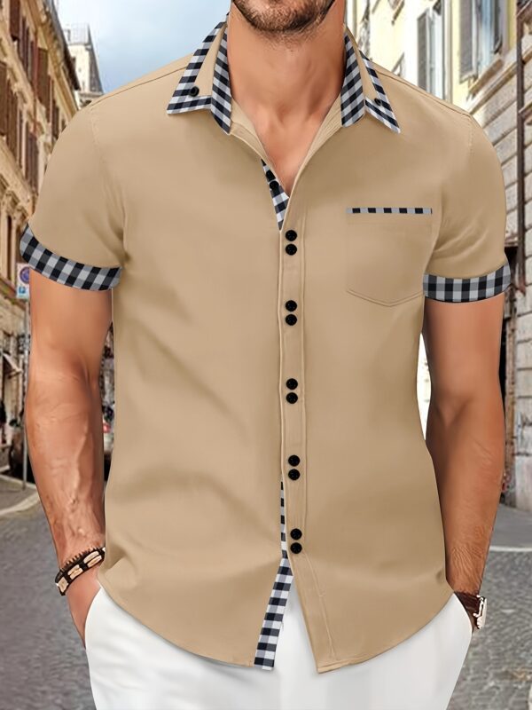 Men's Summer Short Sleeve Plaid Button Shirt with Patchwork Pockets Casual Shirt - Image 3