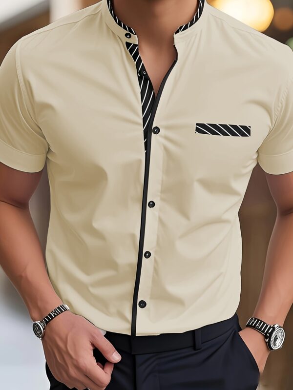 Men's Light Blue Casual Short Sleeve Shirt with Black Contrast Collar & Cuffs - Stand-Up Collar, Machine-Washable Fabric, Regular Fit for Summer, Office, Commute & Streetwear, Classic Buttonup Design, Nontransparent Material - Image 10