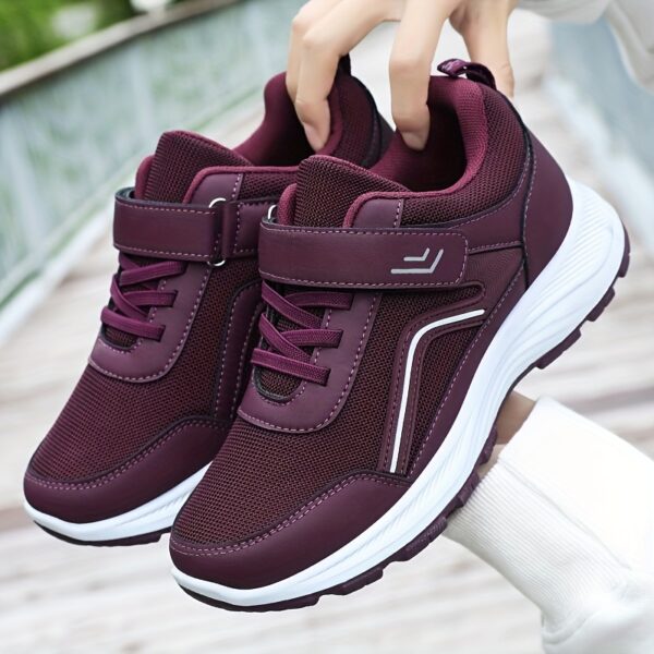 Women's Breathable Mesh Sneakers - Maroon Low-Top Casual Sneakers with Adjustable Hook-and-loop Fastener Strap & Laces, Comfortable Fabric Insole, All-Season Round Toe Design, Breathable Footwear | Stylish Mesh Sneakers | Adjustable Strap Sneakers - Image 5