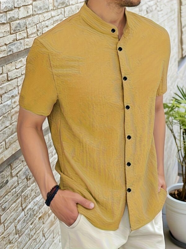 Men's Casual Button-Up Shirt - Lightweight Red Non-Transparent Fabric, Machine Washable Stand Collar Shirt for Office, Formal Events & Casual Attire - Breathable Summer Business Casual Clothing, Geometric Pattern Fabric, Woven Texture, Office Attire, Durable Material, Professional Attire - Image 3