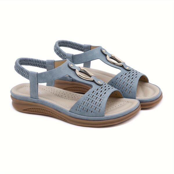 Women's Summer Wedge Heel Comfort Sandals - Metal Buckle, Perforated, Elastic Ankle Strap, Breathable, Daily Commute & Walking - Image 5