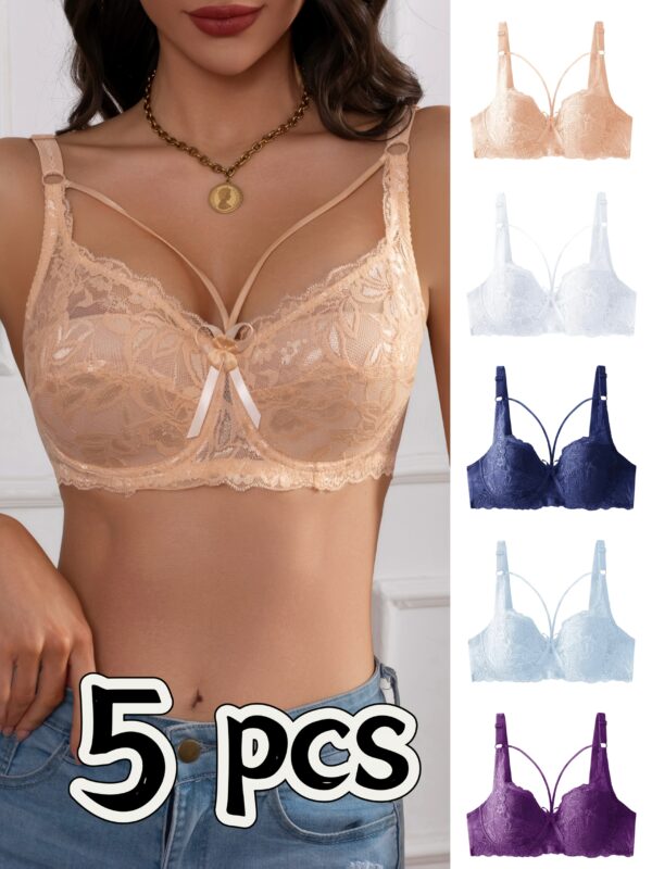 5pcs Women's Sexy Lace Gathered Bra Comfortable Breathable Underwear with Straps - Image 2