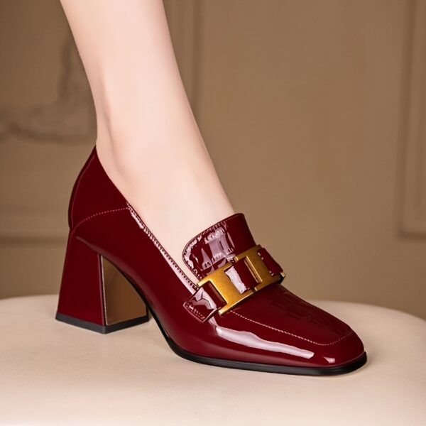 Women's Burgundy Synthetic Cover Block Heel Pumps - Round Toe Comfortable Mid Heel Shoes with Golden Buckle Straps, Versatile for Office & Evening Wear, Evening Wear Heels, Sleek Shoe Design, Durable Rubber Sole - Image 2