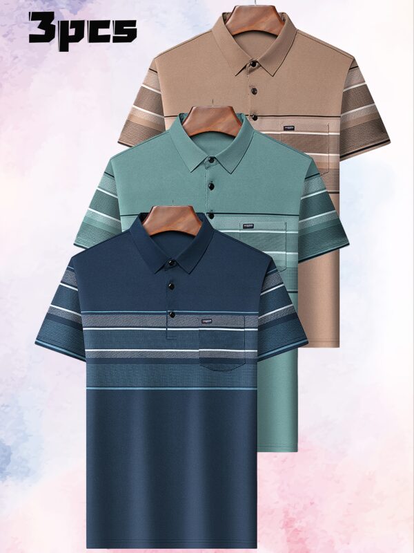 3pcs Men'S Summer Stripe Polo Shirts - Breathable Knit Fabric, Casual Short Sleeve Tees with Button Details, Sporty Dad Style for Business & Leisure