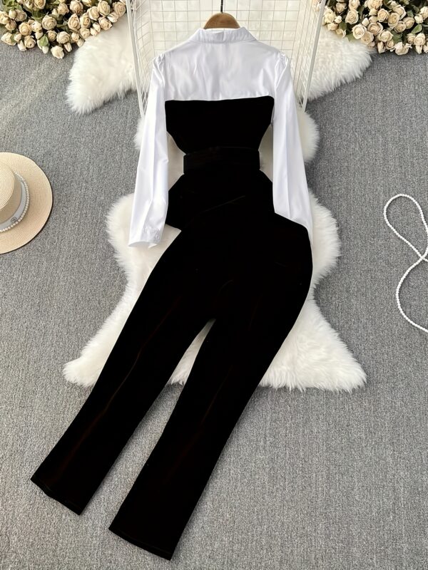 Elegant Women'S Color Block Suit - Stylish White Blouse & Black Pants with Belt, Perfect for All Seasons, Allseason Suit|Chic Blouse Design|Sleek Fit Pants - Image 2