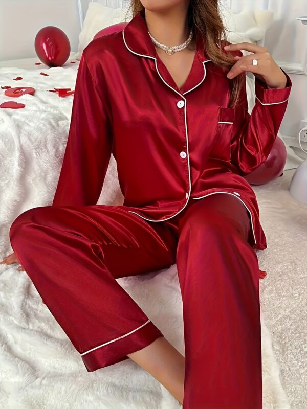 Simple Solid Satin Lounge Set, Long Sleeve Buttons Lapel Top & Elastic Pants, Women's Loungewear